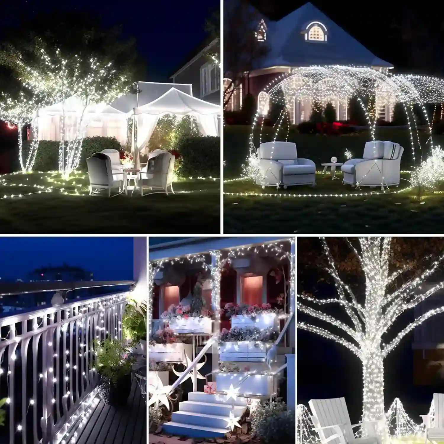 Outdoor garden and patio decorated with bright white solar LED string lights
