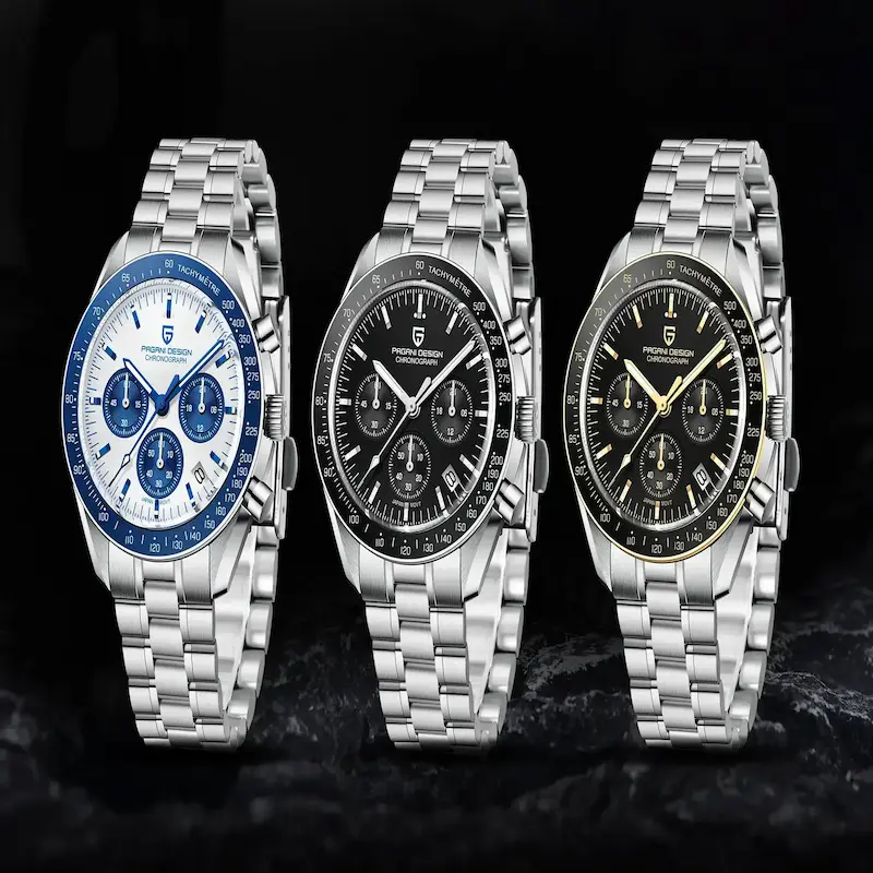 Three luxury sport quartz timepieces with blue black and gold dials.