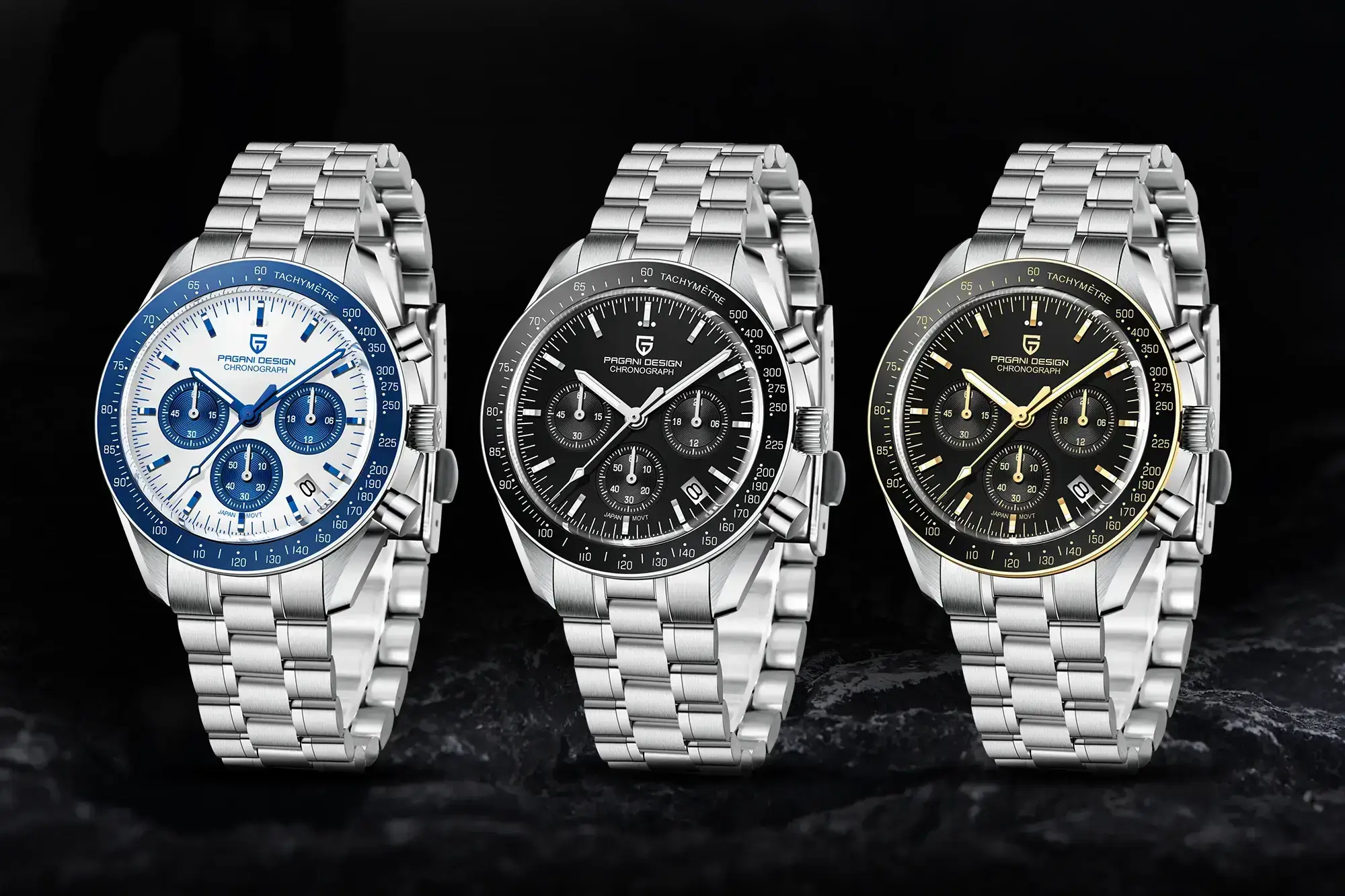 Three Pagani Design PD-1701 watches featuring blue, black, and gold-accented dials on stainless steel bracelets.