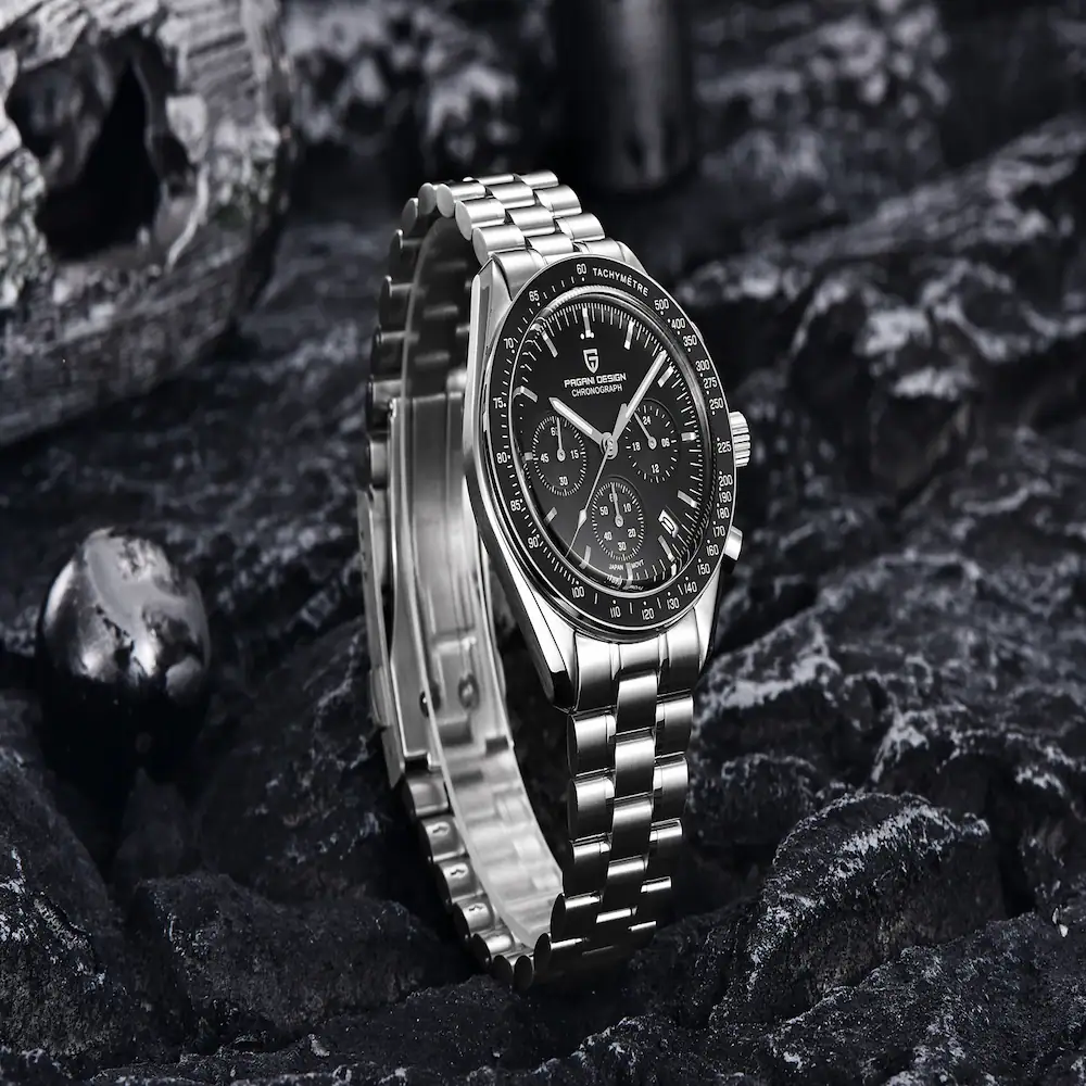 Pagani Design PD1701 Review - Stainless steel chronograph watch with black dial.