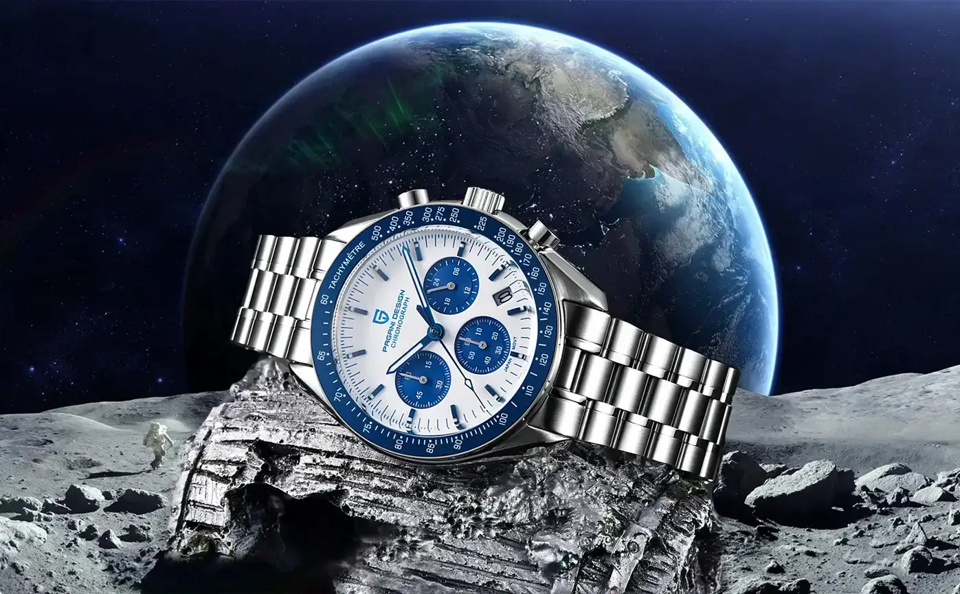 Pagani Design PD-1701 with blue bezel and white dial displayed against a space and Earth background.