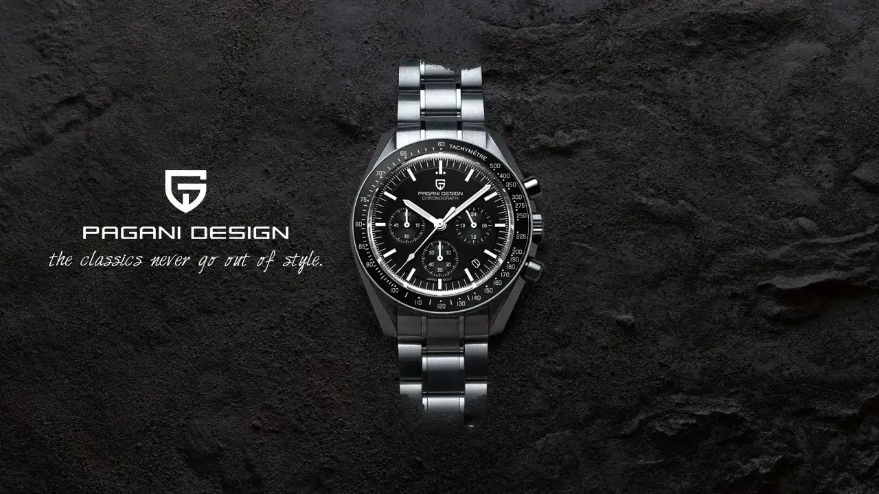 Classic black Pagani Design PD-1701 chronograph on a dark textured background with 'classics never go out of style' text.