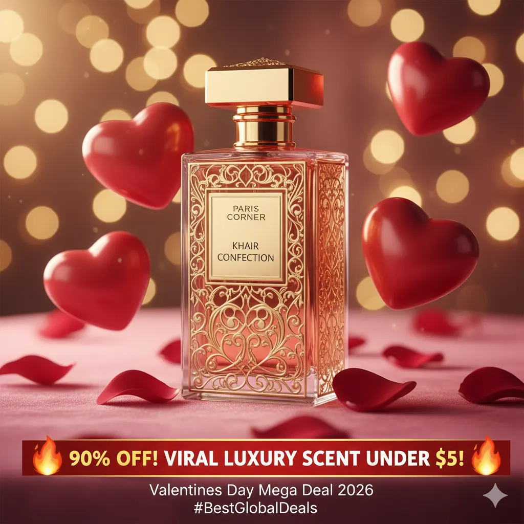 Paris Corner Khair Confection perfume bottle with Valentine's Day hearts and a 90% off discount banner for Best Global Deals 2026.