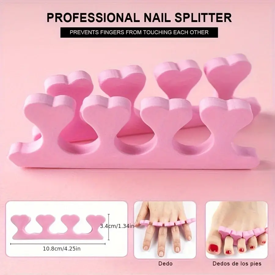 Soft pink heart-shaped foam separators used for professional manicures and pedicures to prevent smudging.