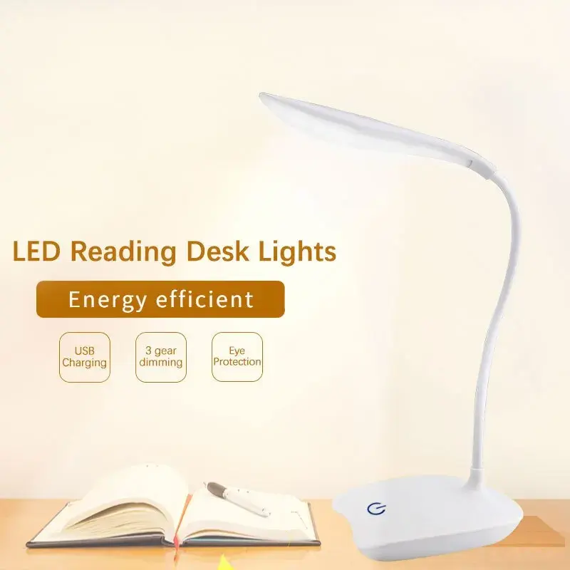 Energy efficient rechargeable LED reading desk light on a table next to a notebook
