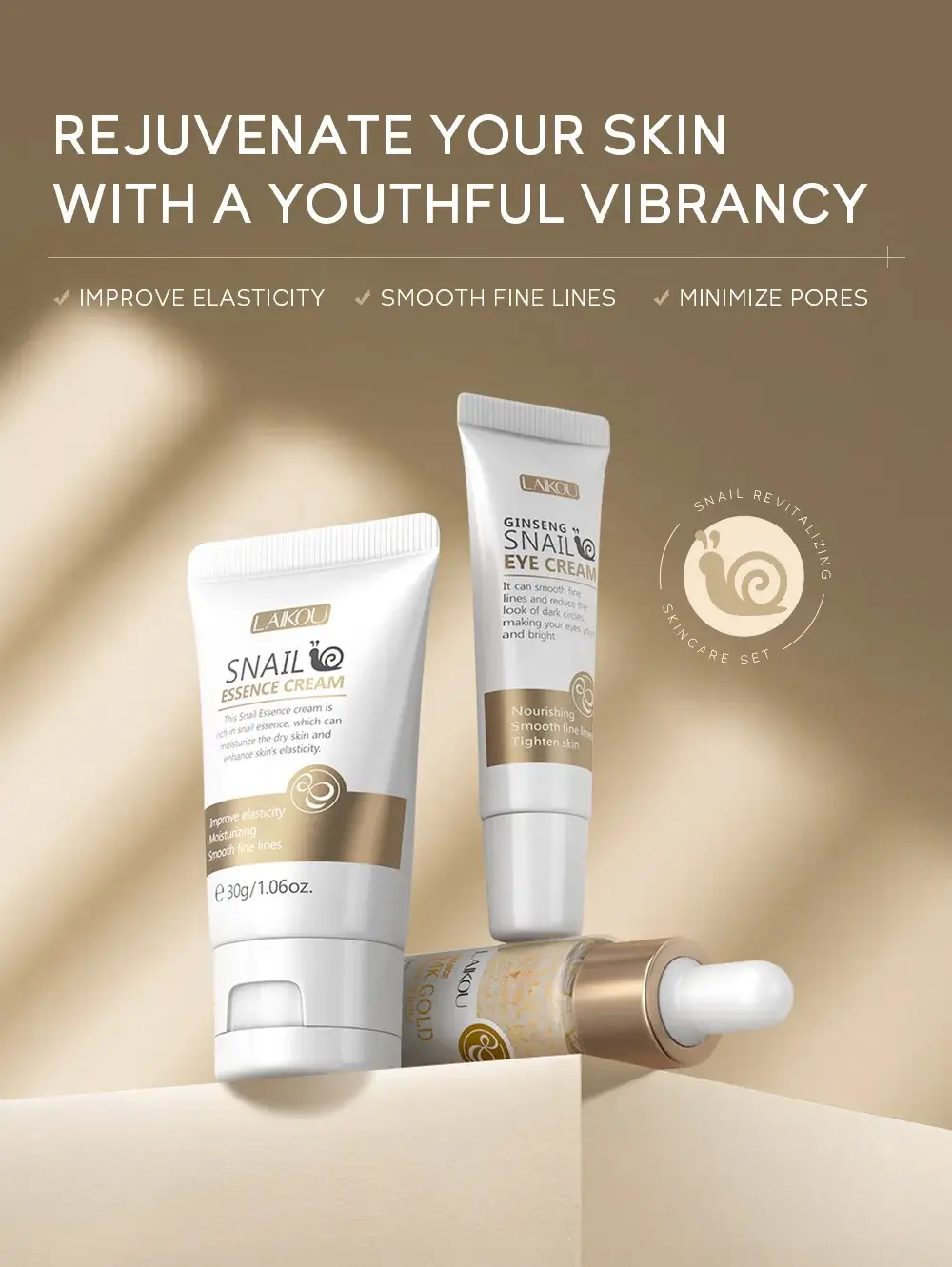 Rejuvenate your skin with youthful vibrancy using LAIKOU Snail revitalizing skincare set.