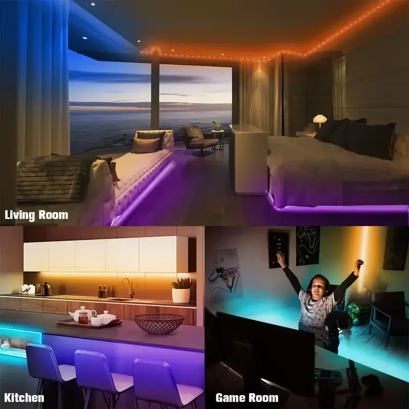 Multi-scene LED strip lighting ideas for living room, kitchen under-cabinet, and gaming room setup.