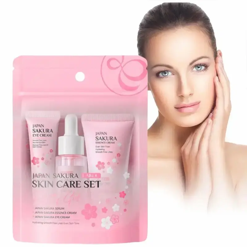 A clear skin model showcasing the final glowing results of a complete pink beauty routine kit.