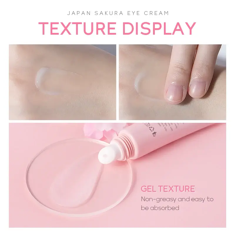 Texture display of Japan Sakura Eye Cream showing a non-greasy clear gel being applied to the skin.