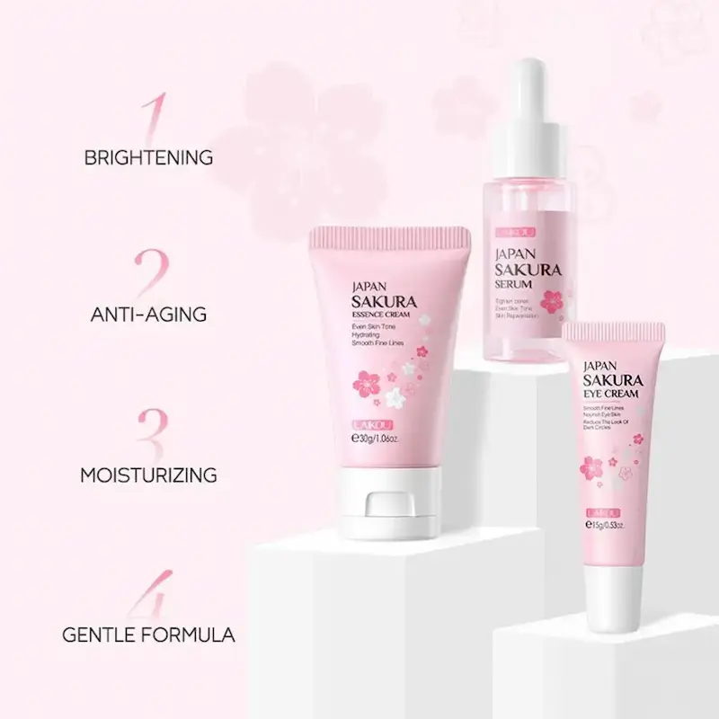 Four blocks displaying the main benefits of the skincare bundle including brightening, moisturizing, and gentle formula.