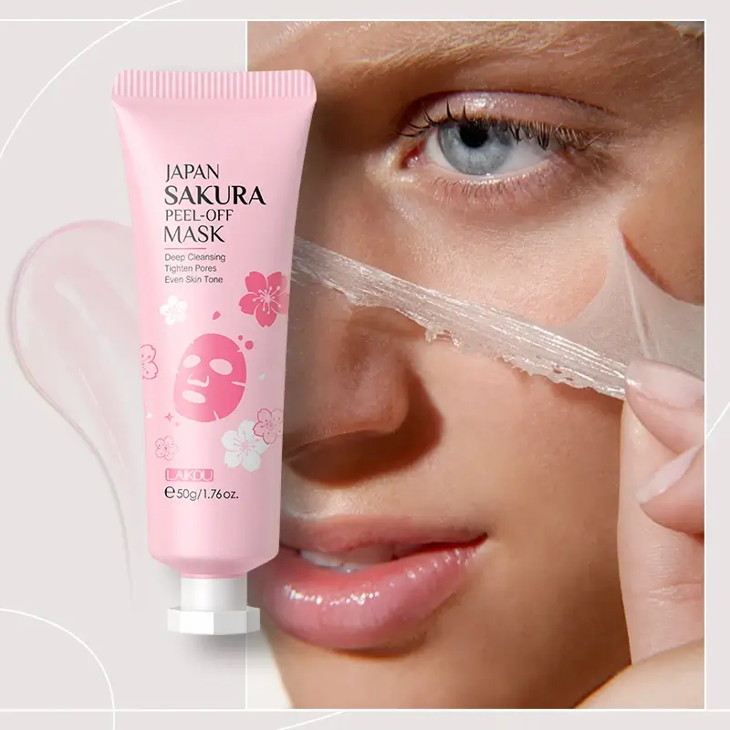 Close-up of a pink Sakura peel-off mask being removed from a woman's cheek, highlighting its pore-tightening texture.