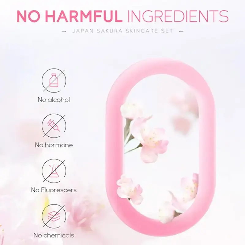 Safety icons showing no alcohol, no hormones, no fluorescers, and no harmful chemicals.