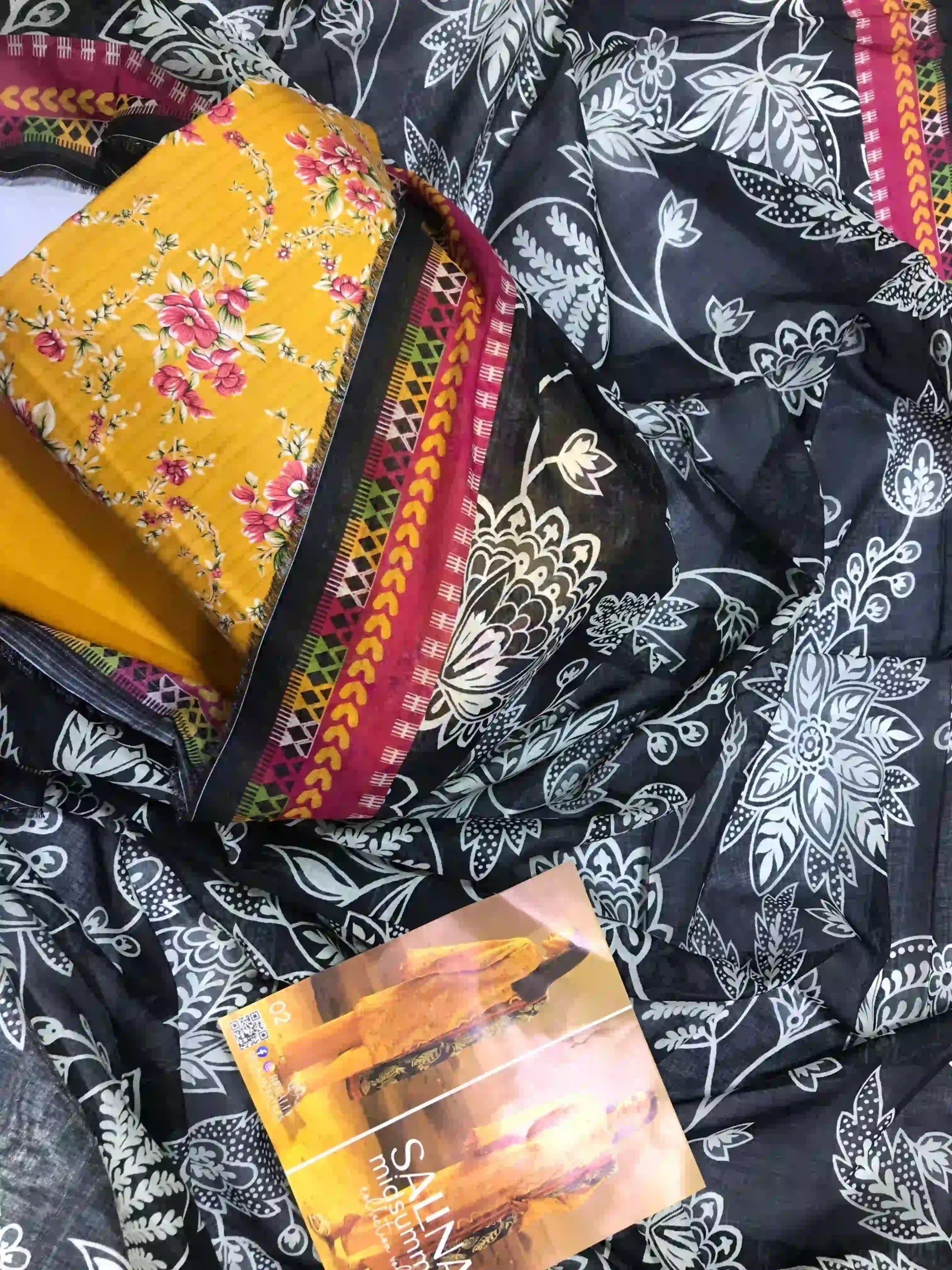 Salina Midsummer Vol 3 Design 09 - Olive Green Floral Print with Striped Dupatta