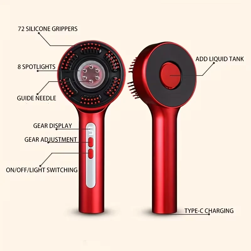 Detailed feature diagram of electric scalp massager showing silicone grippers, liquid tank, and Type-C charging.