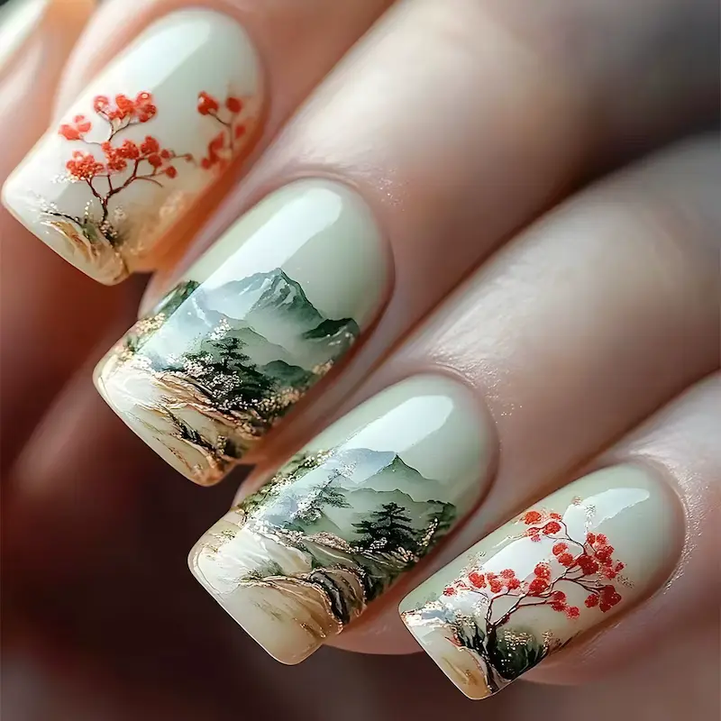 Scenic mountain landscape painted on wearable press-on fake nails.