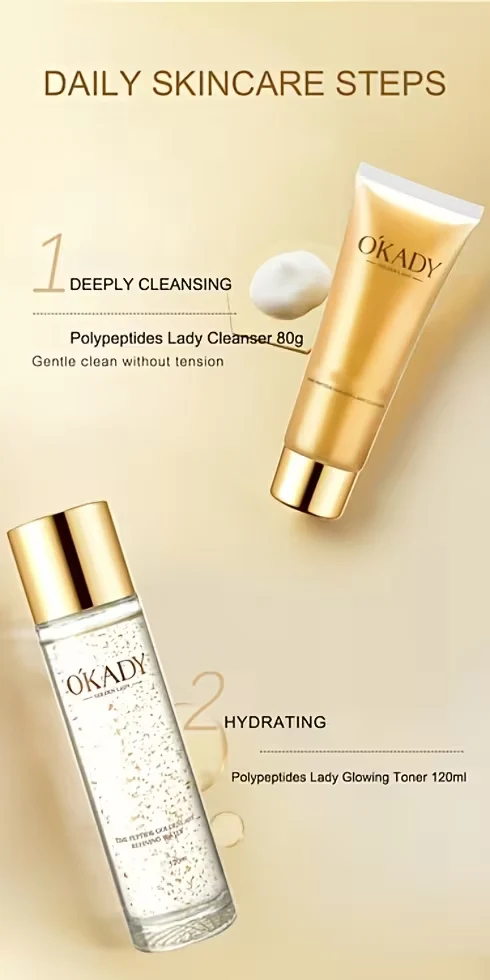 Daily skincare steps showing Okady Polypeptides Lady Cleanser and Glowing Toner for deep cleansing.
