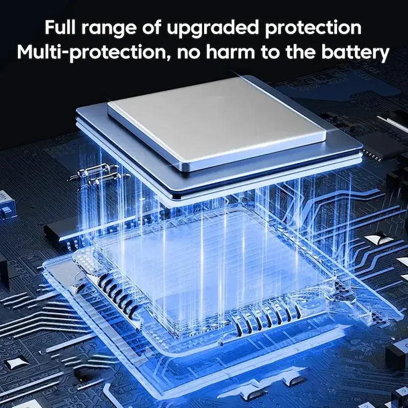 Close-up of an upgraded smart chip technology on a circuit board for battery protection.