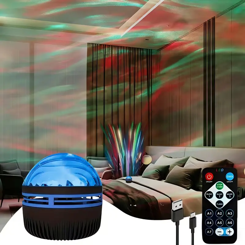Temu star projector device shown with its remote control, USB charging cable, and green nebula effect.