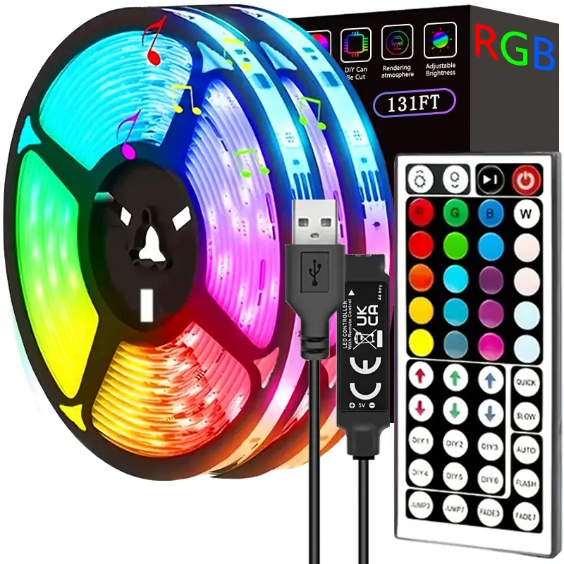 131ft Smart RGB LED strip lights kit with 44-key remote, USB power cable, and flexible color-changing tape.