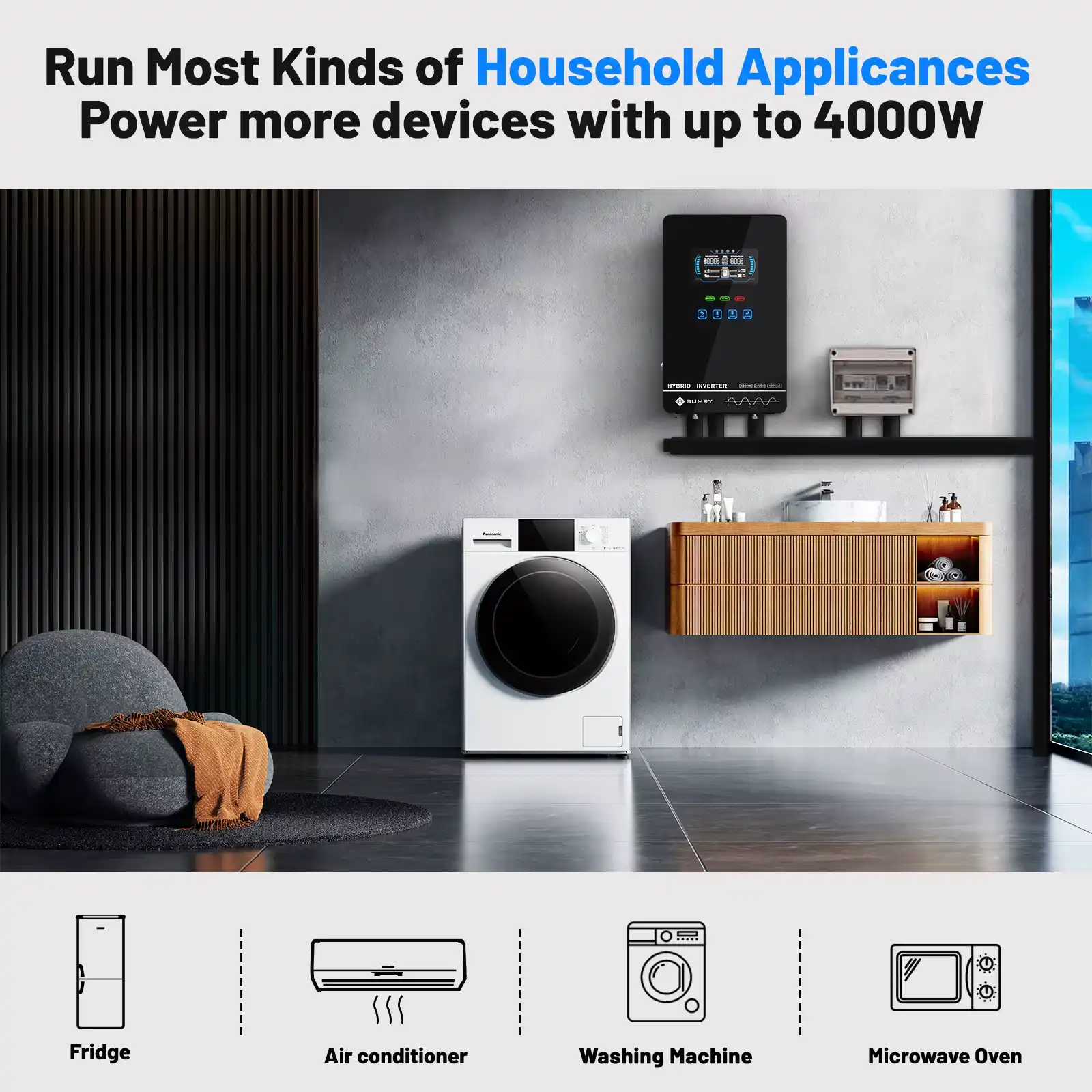 A Sumry 4000W inverter powering household appliances like washing machines, fridges, and air conditioners in a modern home.