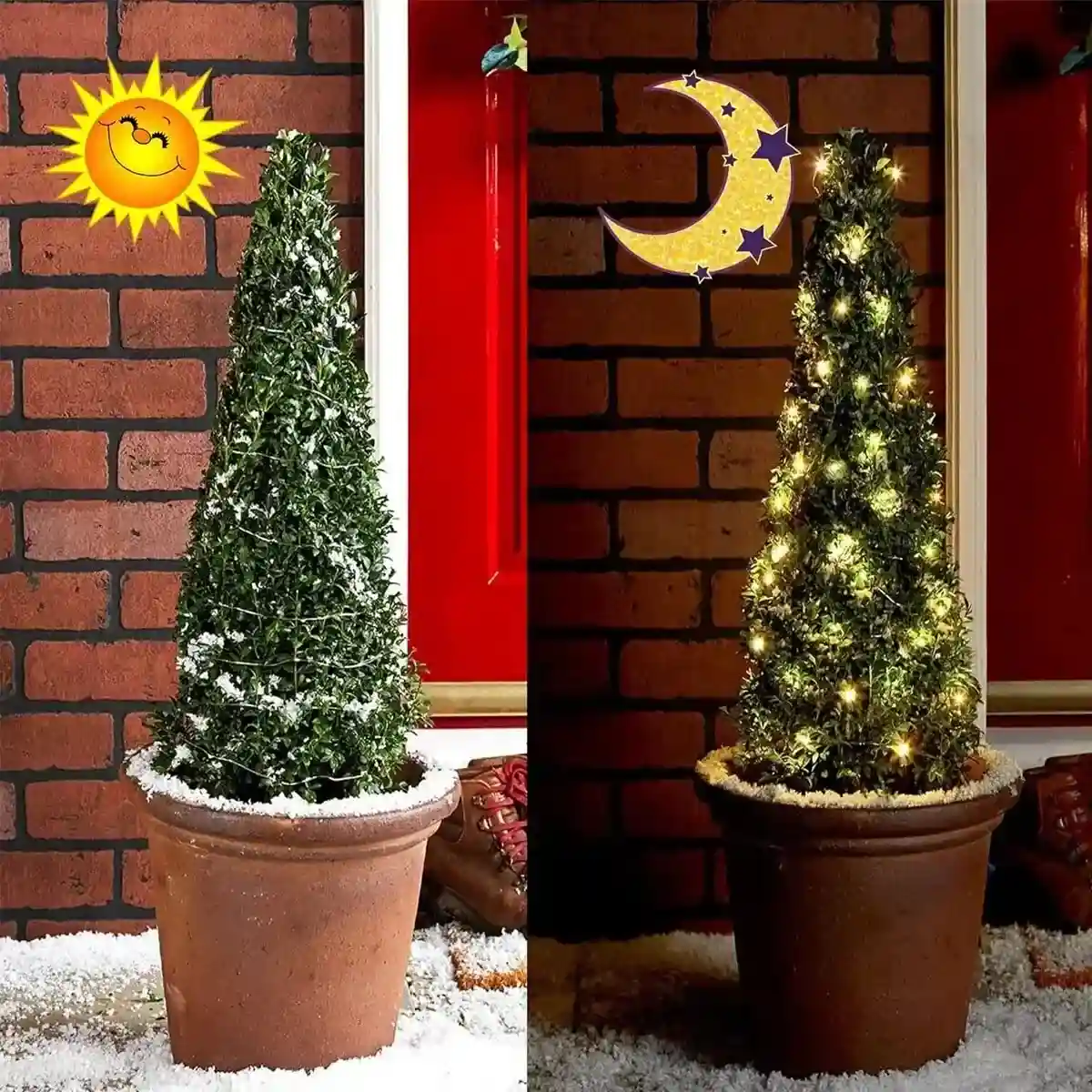 Day and night comparison of solar string lights on a garden tree