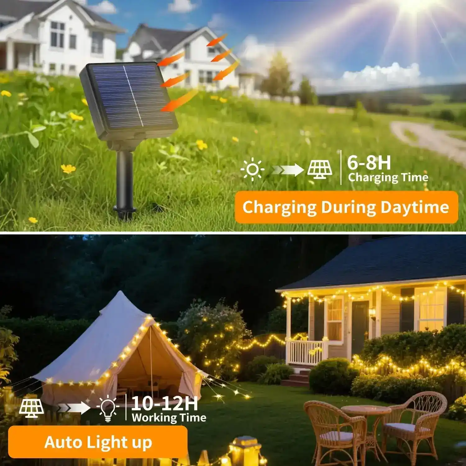 Solar panel charging time (6-8H) and working time (10-12H) infographic