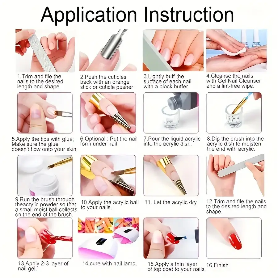 Comprehensive 16-step visual guide for applying acrylic nails, from preparation to final top coat and UV curing.