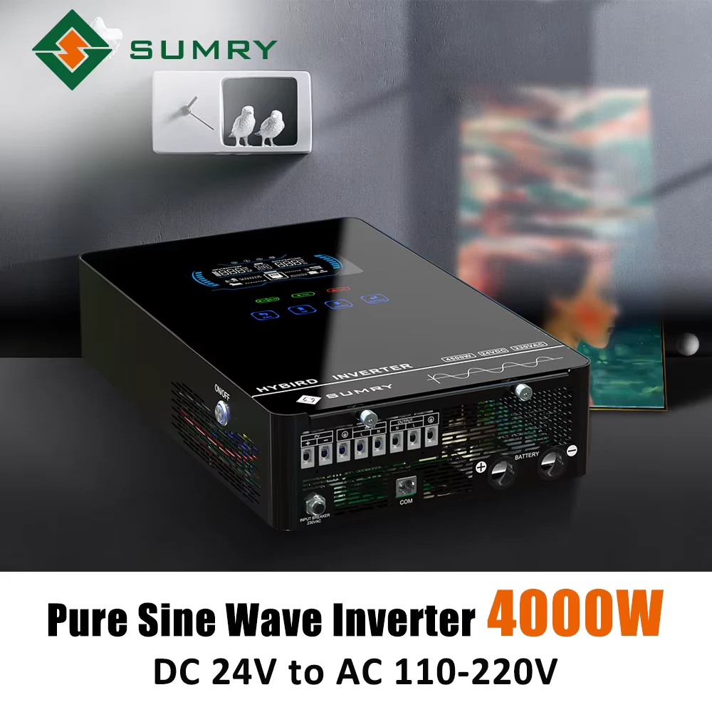 Sumry 4000W Pure Sine Wave Hybrid Inverter showing DC 24V to AC 110-220V conversion capability.