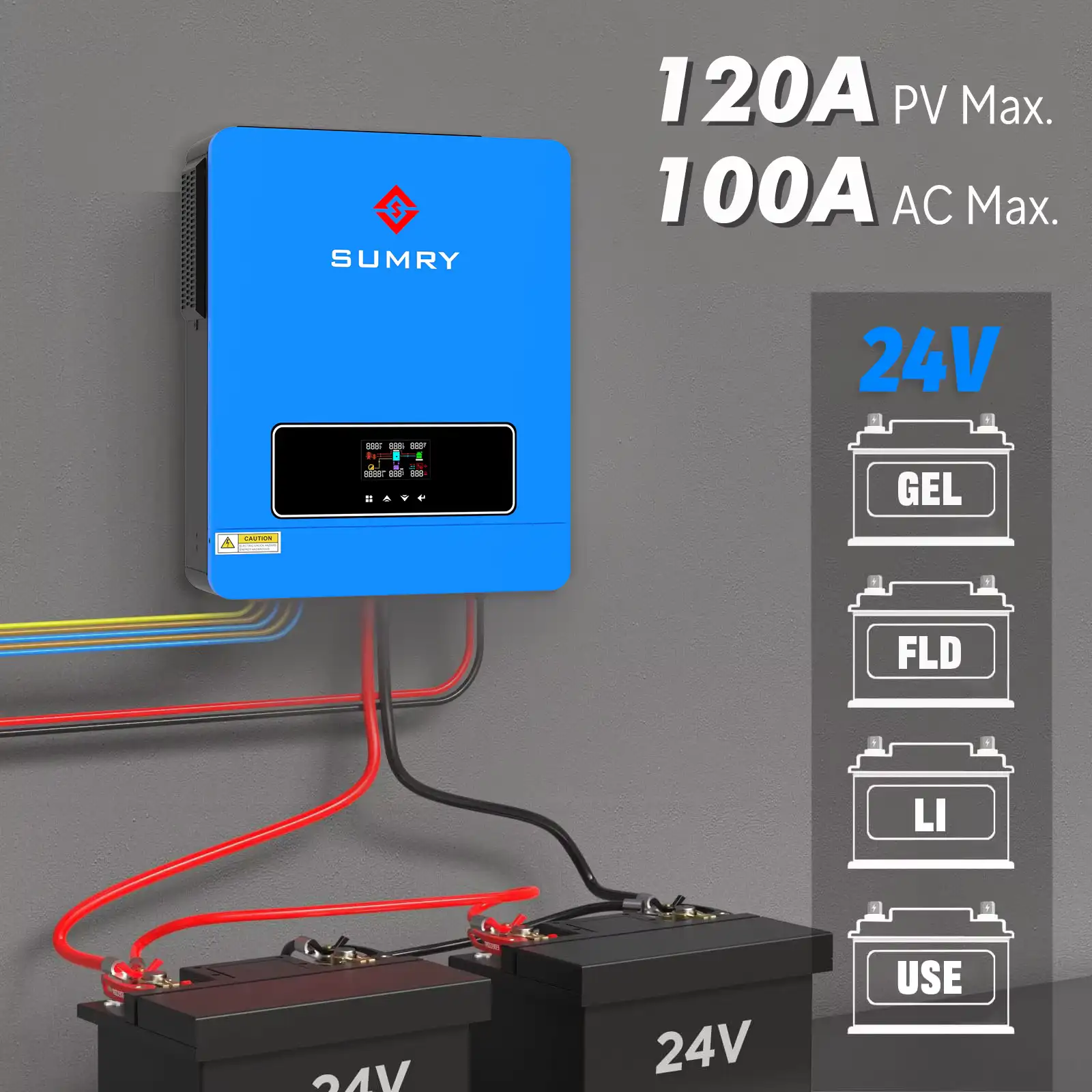 Installation diagram of Sumry solar inverter connected to 24V Gel, FLD, and Lithium batteries.