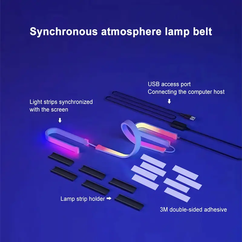 RGB Gaming Lights Strip components including lamp strip holders and 3M adhesive