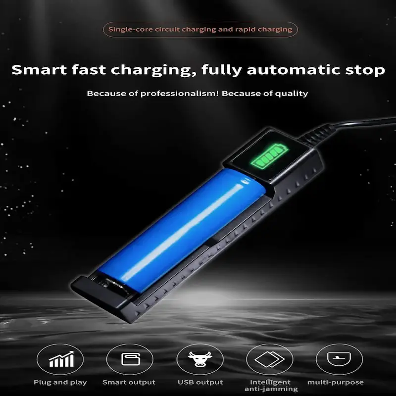 Universal single slot 18650 smart battery device with a reverse polarity protection chip.