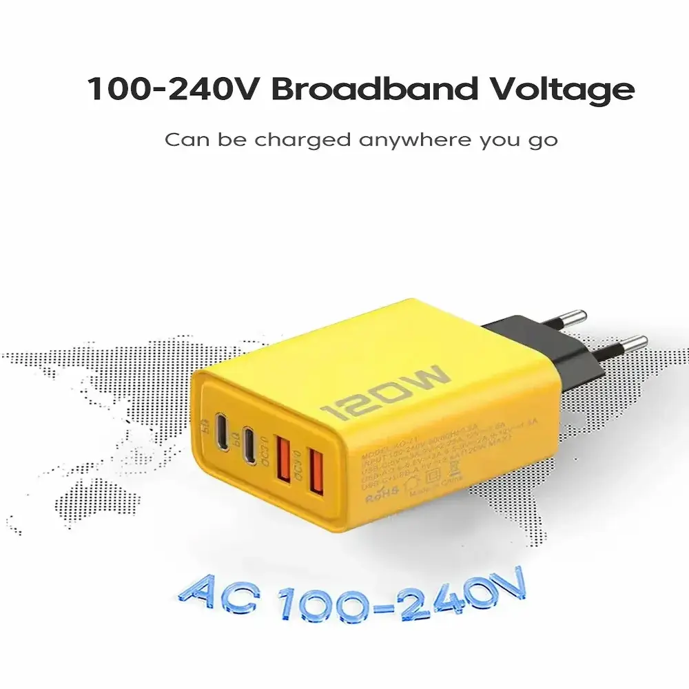 Compact wall adapter featuring 100-240V broadband voltage capability over a world map background.