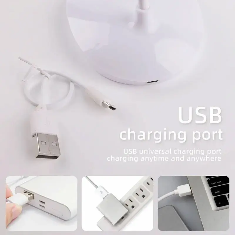 Close up of the USB charging port on the lamp base showing power bank extension strip and laptop connections.