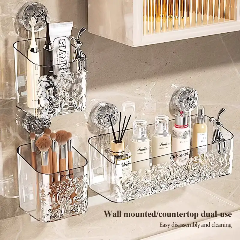 Organized makeup brushes and skincare products inside a wall mounted countertop dual use suction cup storage basket.