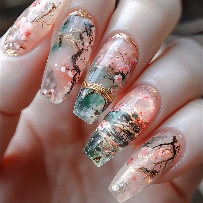 24pcs wearable fake nails sets with pink flower and bridge art as discussed in this acrylic nail kit review.