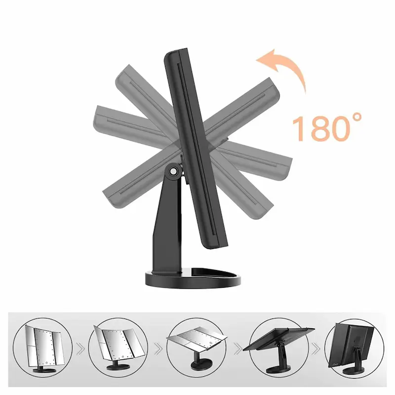 Side view graphic showing the 180-degree free rotation angles and folding mechanism of the vanity mirror stand.