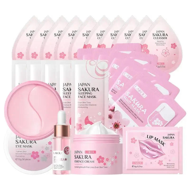 Complete LAIKOU 24pcs Japan Sakura skin care review set containing face cream, serum, cleanser, eye mask, and lip masks.