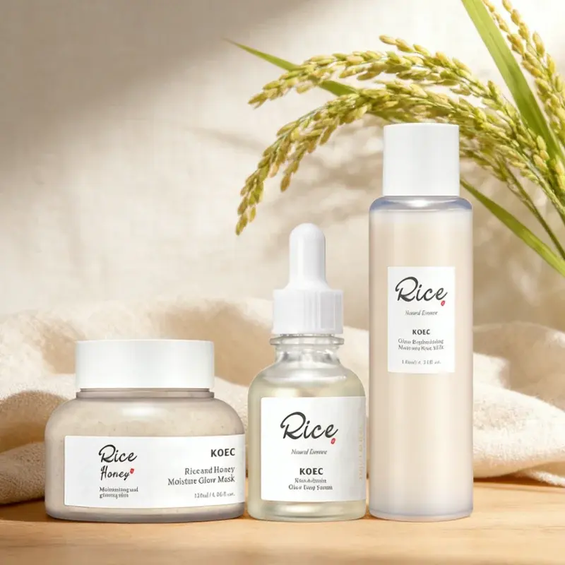 3pcs Rice Honey Facial Skincare Set including moisturizing essence, soothing toner, and revitalizing overnight mask.