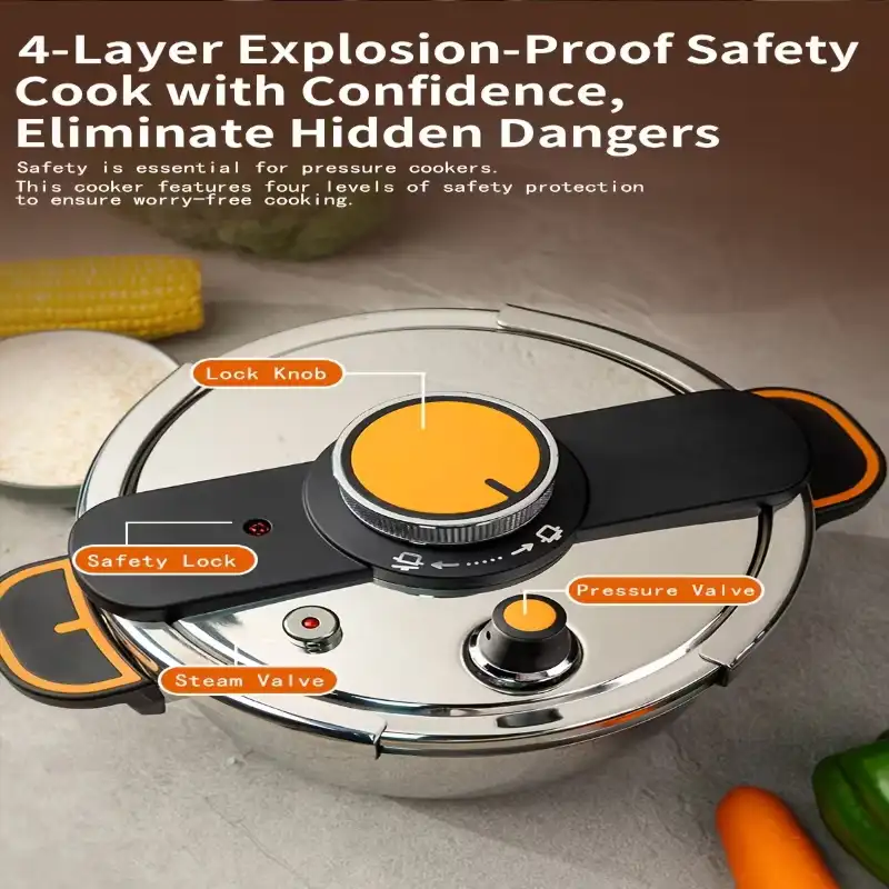 Top view diagram of the lid showing safety lock, steam valve, and pressure valve.