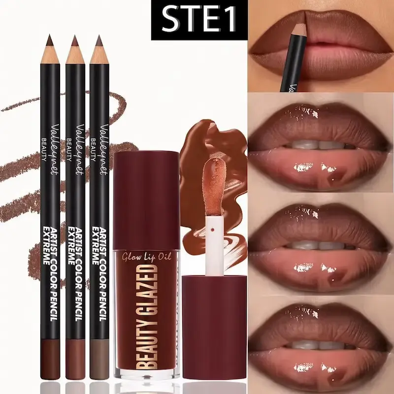 A comprehensive 4pcs Lip Kit Review highlighting the STE1 brown shade set including three lip liners and a matching gloss.