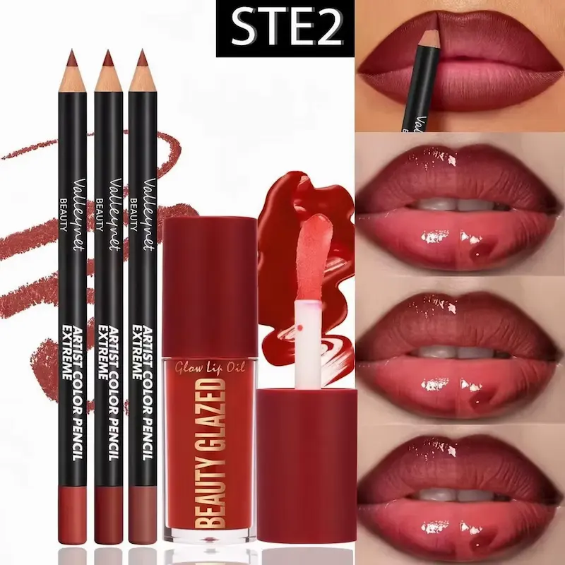 Our detailed 4pcs Lip Kit Review showcasing the STE2 classic red variation with swatches and glossy application steps.