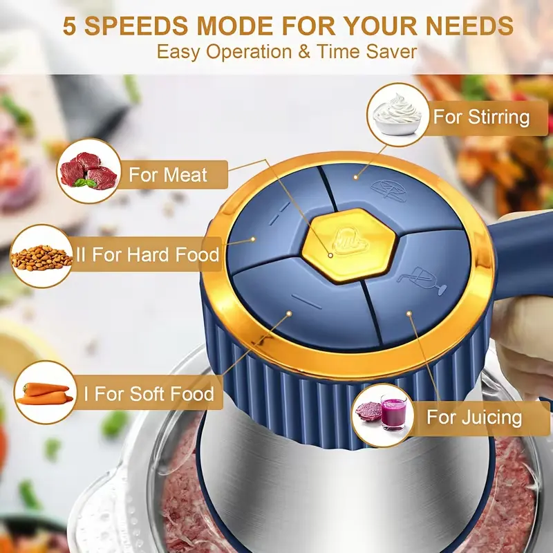Top view of the 5-speed mode control panel for juicing, stirring, meat grinding, and hard food processing.