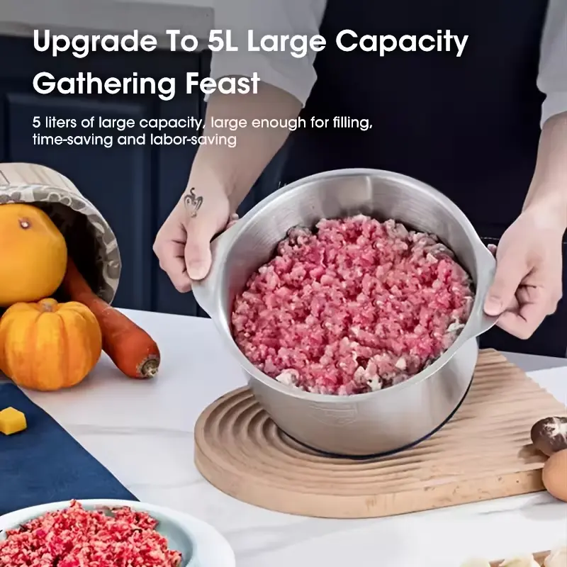 A 5-liter large capacity stainless steel bowl filled with ground meat for a family gathering feast.