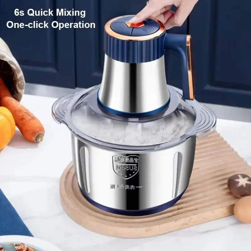 A user pressing the top button of a stainless steel food mincer for quick mixing.