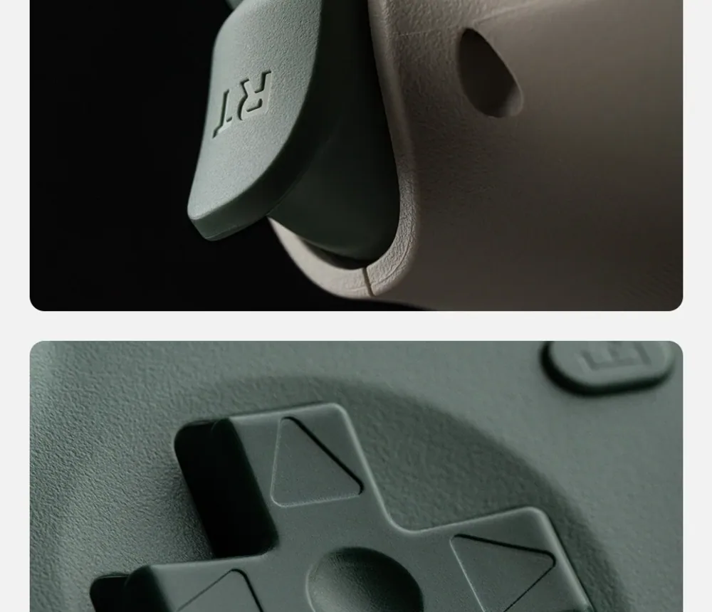 Close-up of the RT and RB bumpers and the ergonomic textured back of the controller.