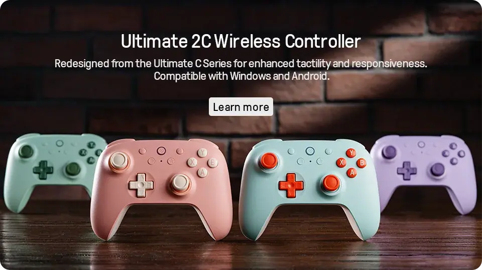 A colorful collection of 8BitDo Ultimate 2C Wireless Controllers in Mint, Peach, Blue, and Purple colors.