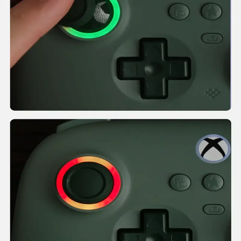 Macro close-up of the 8BitDo Ultimate C Wired joystick featuring a glowing green RGB fire ring light.