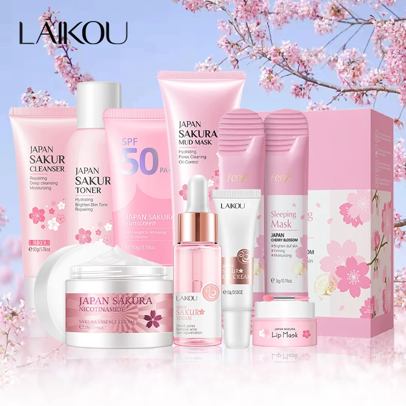 Complete 9-piece Japan Sakura skin care set featuring serum, cream, and masks.