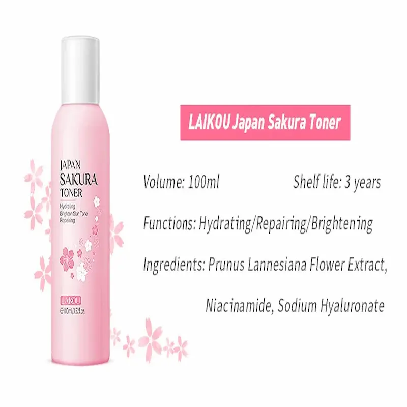 LAIKOU Japan Sakura Toner pink bottle with 100ml volume and product benefits info.