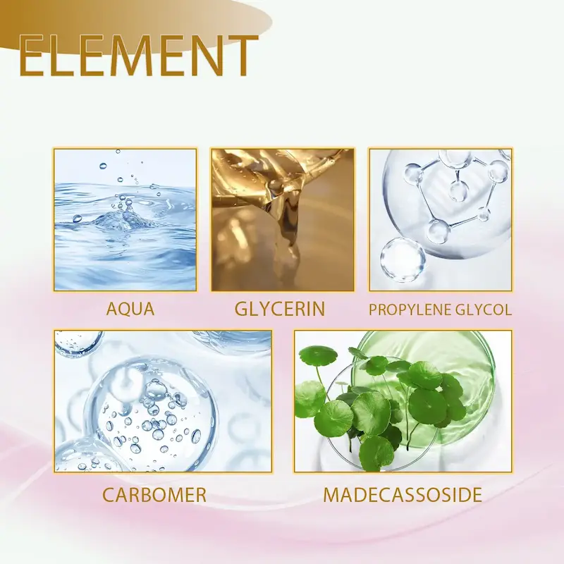 Main active ingredients of the skincare set including Aqua, Glycerin, Carbomer, and Madecassoside.